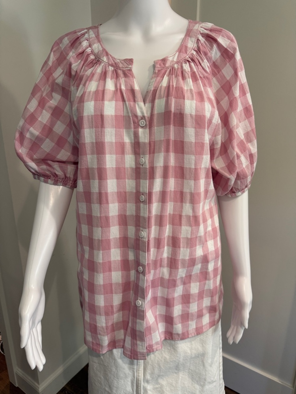 beachlunchlounge Pink and White Gingham Button-Down Puff Sleeve Top